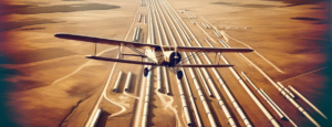 Vintage aerial view of pipeline inspections in the 1970s, illustrating the early methods of aerial monitoring in the Oil & Gas industry.